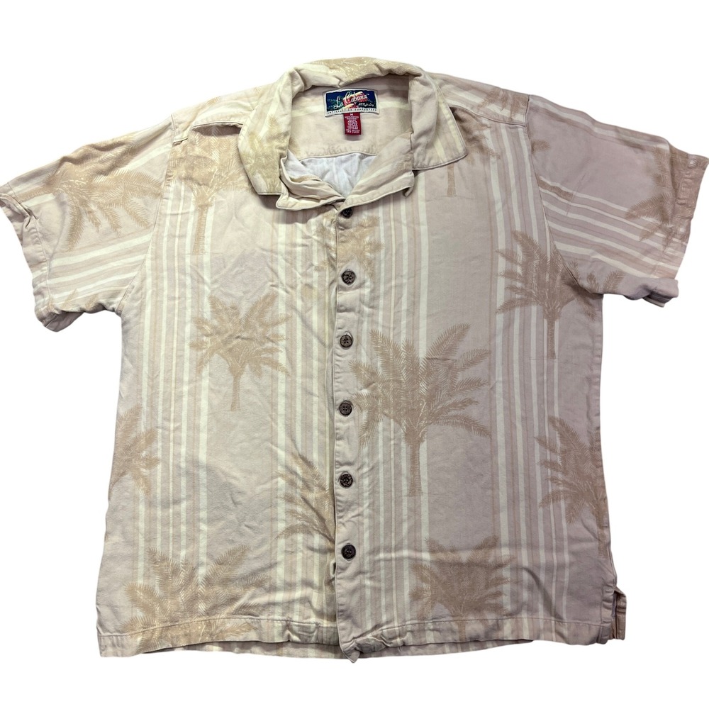 La Cabana Palm Tree Print Camp Shirt Vacation‎ Tropical Beige Medium Boho Beach